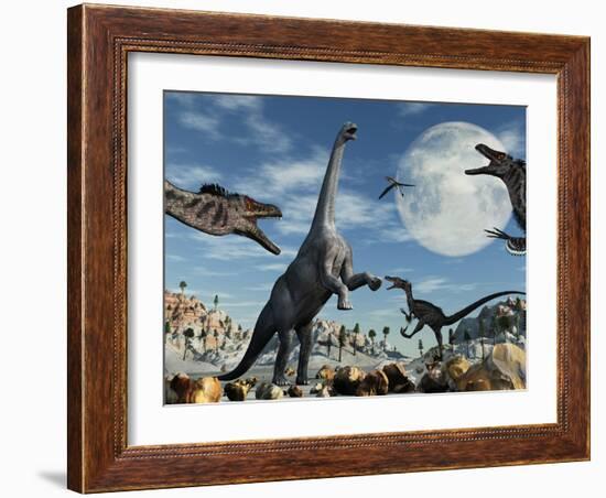 A Lone Camarasaurus Dinosaur Is Confronted by a Pack of Velociraptors-Stocktrek Images-Framed Photographic Print