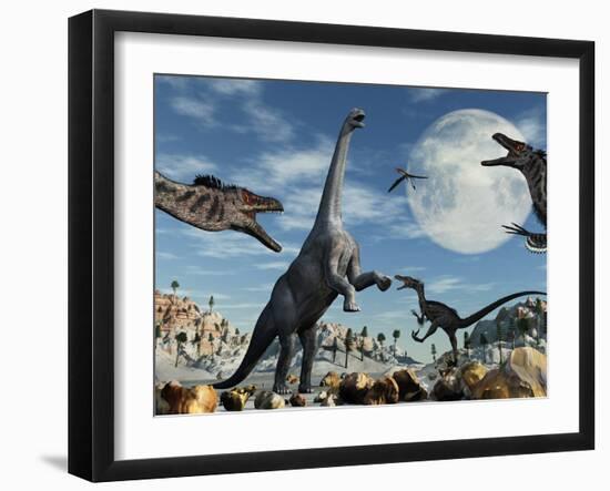 A Lone Camarasaurus Dinosaur Is Confronted by a Pack of Velociraptors-Stocktrek Images-Framed Photographic Print