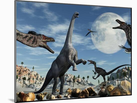 A Lone Camarasaurus Dinosaur Is Confronted by a Pack of Velociraptors-Stocktrek Images-Mounted Photographic Print