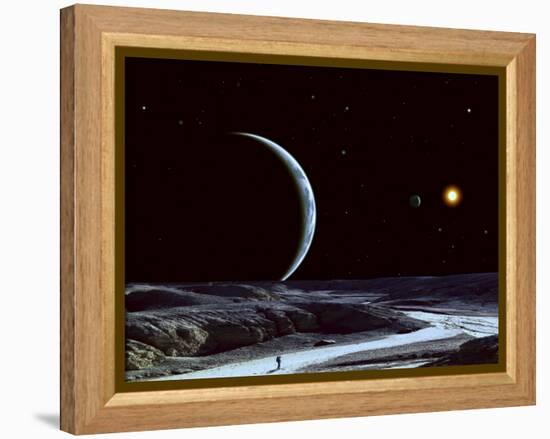 A Lone Explorer Follows an Ancient Riverbed While His Planet Floats in the Black Star-Filled Sky-null-Framed Premier Image Canvas