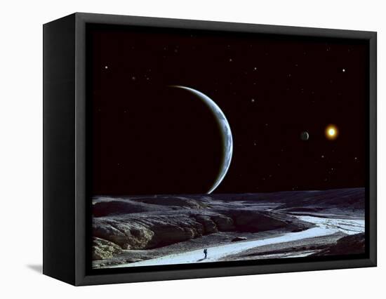 A Lone Explorer Follows an Ancient Riverbed While His Planet Floats in the Black Star-Filled Sky-null-Framed Premier Image Canvas