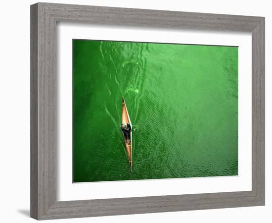 A Lone Kayaker Travels Down the Chicago River after It was Painted Green-null-Framed Photographic Print