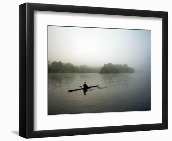 A Lone Rower Slowly Maneuvers His Craft Down the Schuykill River Through a Thick Fog-null-Framed Photographic Print