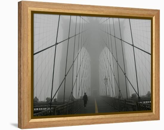 A Lone Runner Makes His Way Across the Fog-Shrouded Brooklyn Bridge Christmas Morning-null-Framed Premier Image Canvas