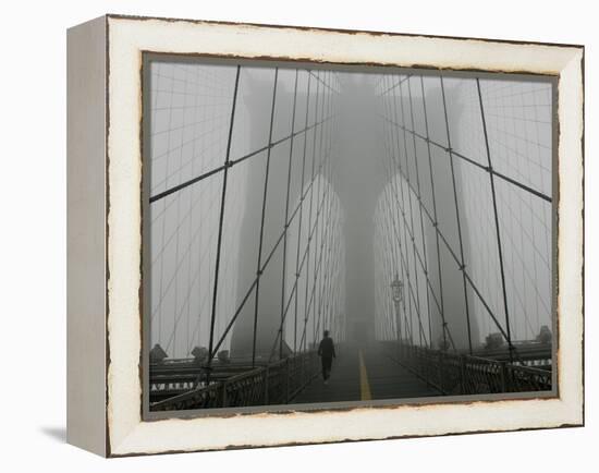 A Lone Runner Makes His Way Across the Fog-Shrouded Brooklyn Bridge Christmas Morning-null-Framed Premier Image Canvas