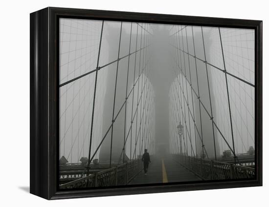 A Lone Runner Makes His Way Across the Fog-Shrouded Brooklyn Bridge Christmas Morning-null-Framed Premier Image Canvas