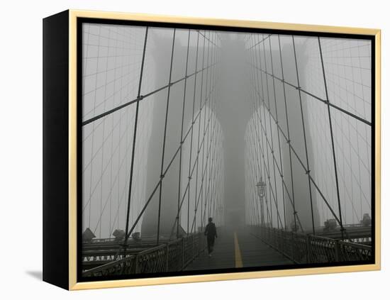 A Lone Runner Makes His Way Across the Fog-Shrouded Brooklyn Bridge Christmas Morning-null-Framed Premier Image Canvas