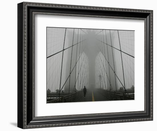A Lone Runner Makes His Way Across the Fog-Shrouded Brooklyn Bridge Christmas Morning--Framed Photographic Print