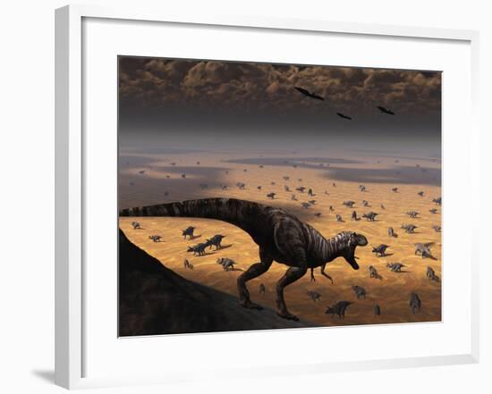 A Lone T. Rex Looks Down on a Large Herd of Triceratops-Stocktrek Images-Framed Photographic Print