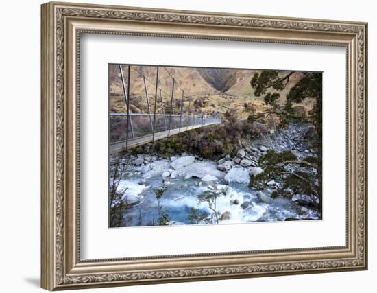 A Long Suspension Bridge over a River on the Fox Glacier Track, Wanaka, South Island, New Zealand-Paul Dymond-Framed Photographic Print