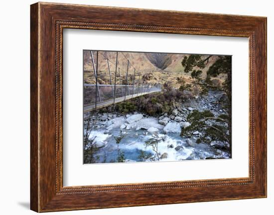 A Long Suspension Bridge over a River on the Fox Glacier Track, Wanaka, South Island, New Zealand-Paul Dymond-Framed Photographic Print