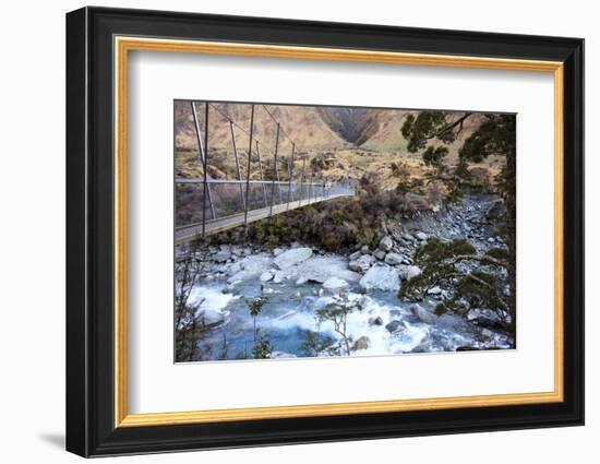 A Long Suspension Bridge over a River on the Fox Glacier Track, Wanaka, South Island, New Zealand-Paul Dymond-Framed Photographic Print