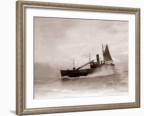 A Lowestoft Herring Boat Ploughing Through a Moderate Swell in the North Sea, 1935-null-Framed Photographic Print