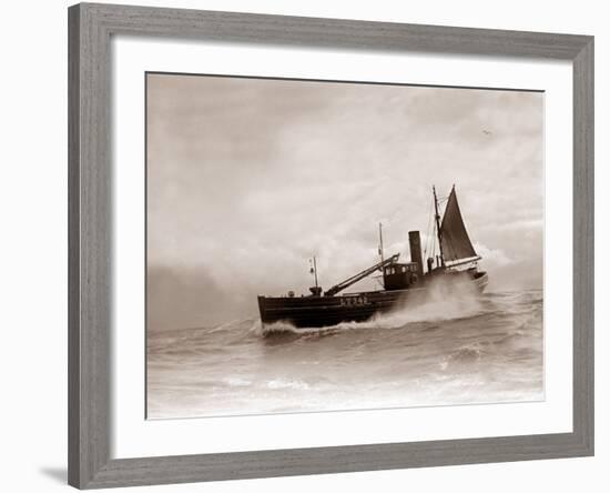 A Lowestoft Herring Boat Ploughing Through a Moderate Swell in the North Sea, 1935-null-Framed Photographic Print