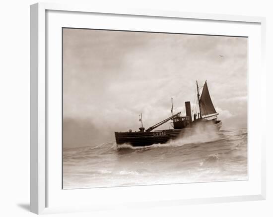 A Lowestoft Herring Boat Ploughing Through a Moderate Swell in the North Sea, 1935-null-Framed Photographic Print