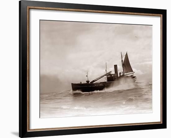 A Lowestoft Herring Boat Ploughing Through a Moderate Swell in the North Sea, 1935-null-Framed Photographic Print