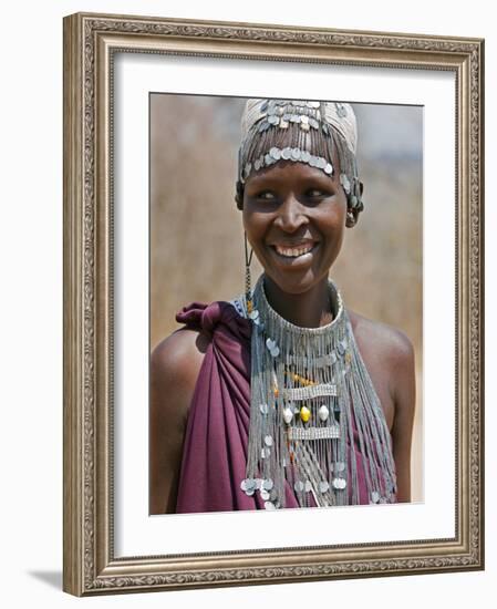 A Maasai Girl from the Kisongo Clan Wearing an Attractive Beaded Headband and Necklace-Nigel Pavitt-Framed Photographic Print