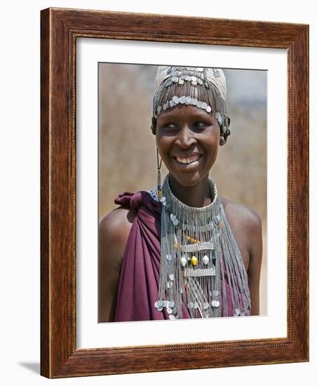 A Maasai Girl from the Kisongo Clan Wearing an Attractive Beaded Headband and Necklace-Nigel Pavitt-Framed Photographic Print