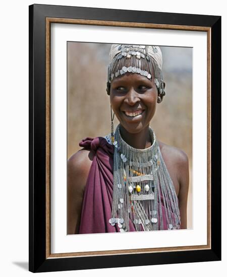 A Maasai Girl from the Kisongo Clan Wearing an Attractive Beaded Headband and Necklace-Nigel Pavitt-Framed Photographic Print