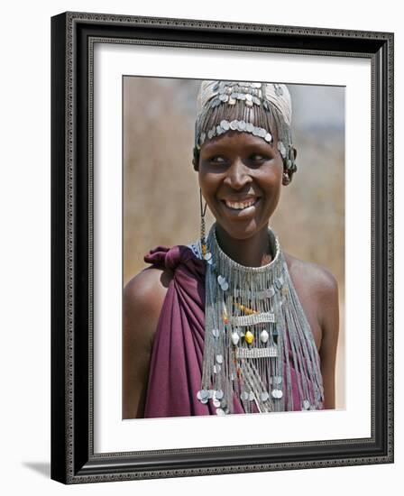 A Maasai Girl from the Kisongo Clan Wearing an Attractive Beaded Headband and Necklace-Nigel Pavitt-Framed Photographic Print