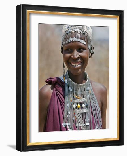 A Maasai Girl from the Kisongo Clan Wearing an Attractive Beaded Headband and Necklace-Nigel Pavitt-Framed Photographic Print