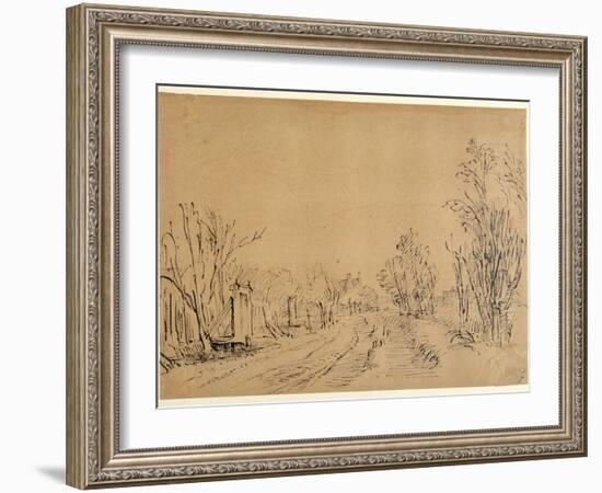 A Main Road Leading to a House Through Trees (Two Bridges and Gate Accesses to the Dijk) (Pen and I-Rembrandt van Rijn-Framed Giclee Print