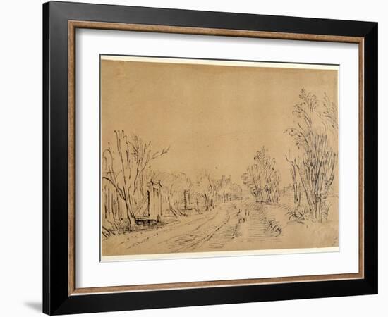 A Main Road Leading to a House Through Trees (Two Bridges and Gate Accesses to the Dijk) (Pen and I-Rembrandt van Rijn-Framed Giclee Print