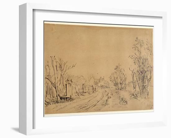 A Main Road Leading to a House Through Trees (Two Bridges and Gate Accesses to the Dijk) (Pen and I-Rembrandt van Rijn-Framed Giclee Print