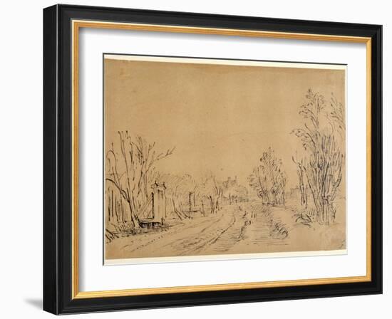 A Main Road Leading to a House Through Trees (Two Bridges and Gate Accesses to the Dijk) (Pen and I-Rembrandt van Rijn-Framed Giclee Print