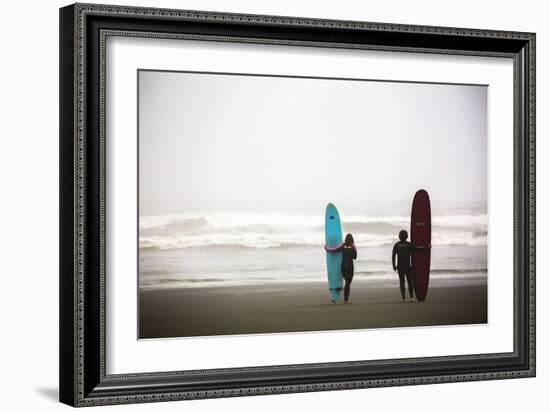 A Male And Female Surfer Hold Their Surfboards In The Olympic National Park In Washington State-Ben Herndon-Framed Photographic Print