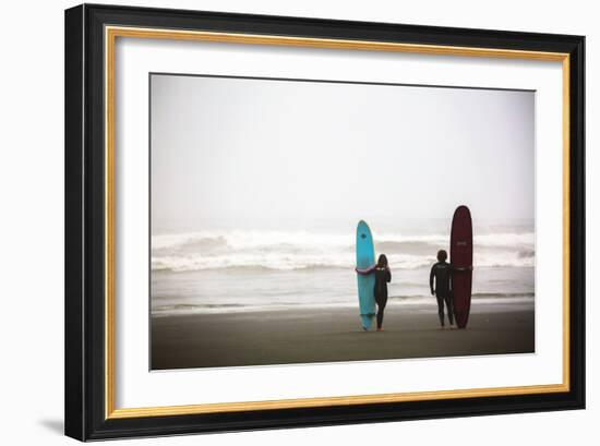 A Male And Female Surfer Hold Their Surfboards In The Olympic National Park In Washington State-Ben Herndon-Framed Photographic Print