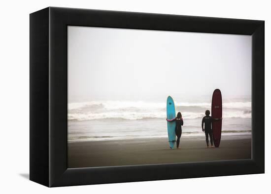 A Male And Female Surfer Hold Their Surfboards In The Olympic National Park In Washington State-Ben Herndon-Framed Premier Image Canvas