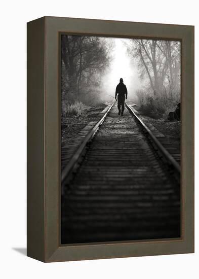 A Male Angler Walks Down Train Tracks Near the Middle Provo River in Winter in Utah-Adam Barker-Framed Premier Image Canvas