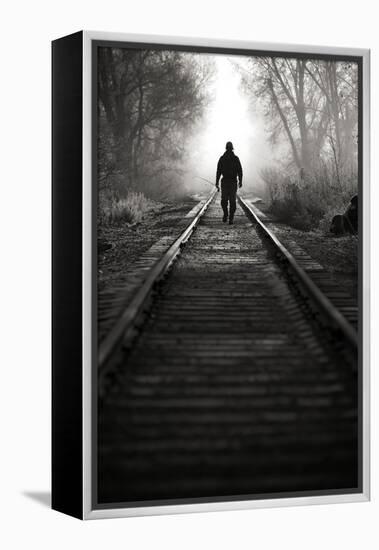 A Male Angler Walks Down Train Tracks Near the Middle Provo River in Winter in Utah-Adam Barker-Framed Premier Image Canvas