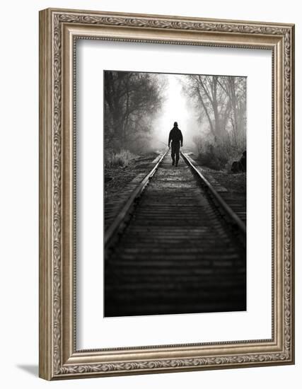 A Male Angler Walks Down Train Tracks Near the Middle Provo River in Winter in Utah-Adam Barker-Framed Photographic Print