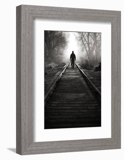 A Male Angler Walks Down Train Tracks Near the Middle Provo River in Winter in Utah-Adam Barker-Framed Photographic Print