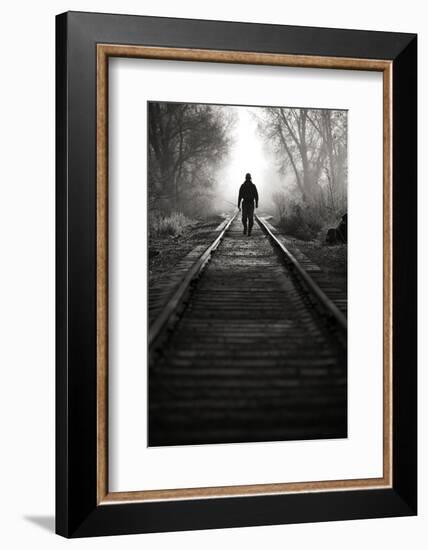 A Male Angler Walks Down Train Tracks Near the Middle Provo River in Winter in Utah-Adam Barker-Framed Photographic Print