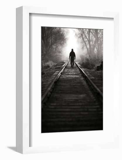 A Male Angler Walks Down Train Tracks Near the Middle Provo River in Winter in Utah-Adam Barker-Framed Photographic Print