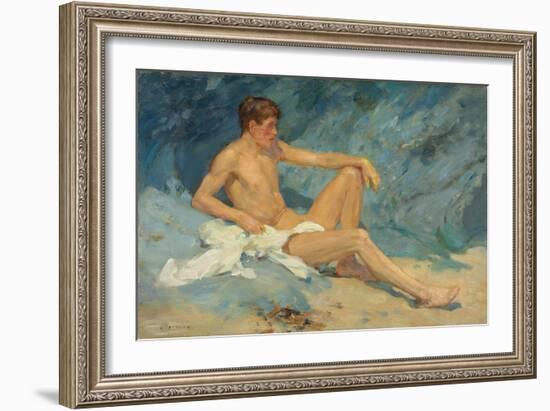 A Male Nude Reclining on Rocks (Oil on Canvas Board)-Henry Scott Tuke-Framed Giclee Print