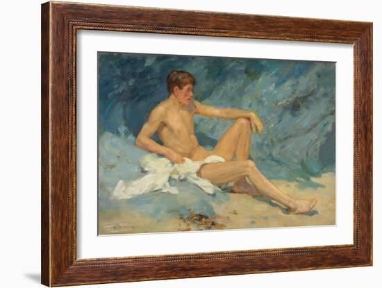 A Male Nude Reclining on Rocks (Oil on Canvas Board)-Henry Scott Tuke-Framed Giclee Print