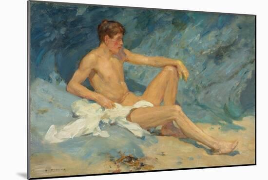 A Male Nude Reclining on Rocks (Oil on Canvas Board)-Henry Scott Tuke-Mounted Giclee Print