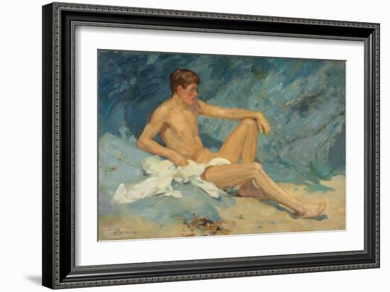 A Male Nude Reclining on Rocks (Oil on Canvas Board)-Henry Scott Tuke-Framed Giclee Print