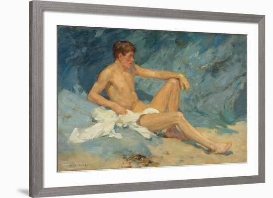 A Male Nude Reclining on Rocks (Oil on Canvas Board)-Henry Scott Tuke-Framed Giclee Print