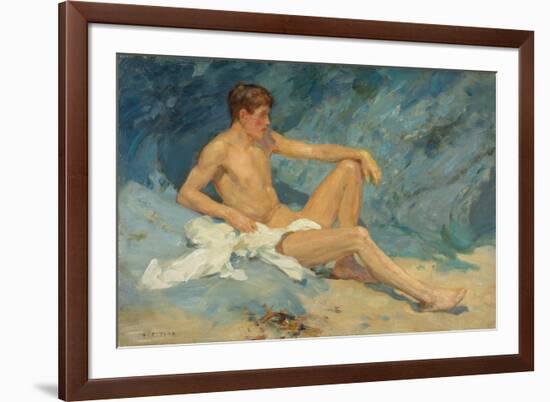 A Male Nude Reclining on Rocks (Oil on Canvas Board)-Henry Scott Tuke-Framed Giclee Print