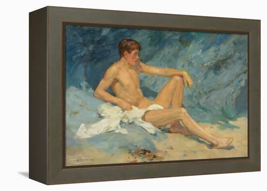 A Male Nude Reclining on Rocks (Oil on Canvas Board)-Henry Scott Tuke-Framed Premier Image Canvas