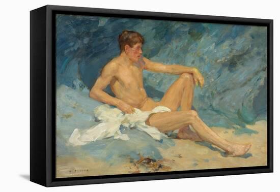 A Male Nude Reclining on Rocks (Oil on Canvas Board)-Henry Scott Tuke-Framed Premier Image Canvas