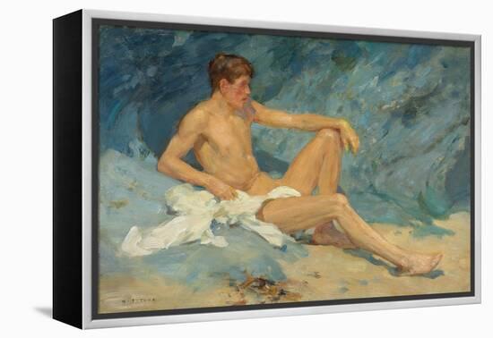 A Male Nude Reclining on Rocks (Oil on Canvas Board)-Henry Scott Tuke-Framed Premier Image Canvas