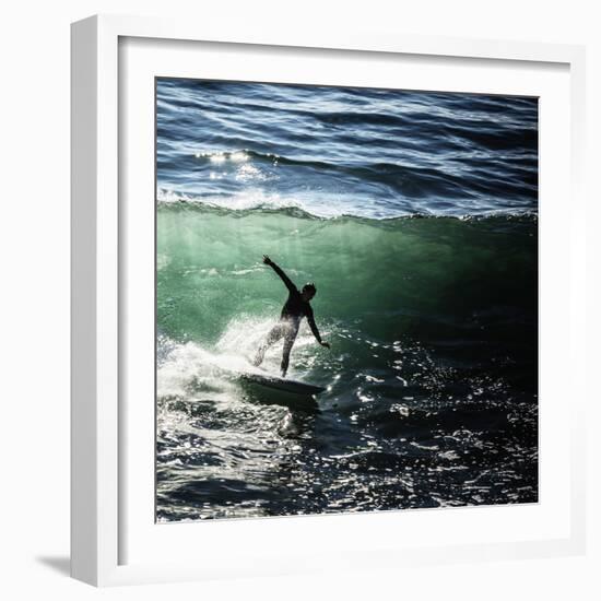 A Male Surfer Rides An Emerald Colored Wave In The Pacific Ocean Off The Coast Of Santa Cruz-Ron Koeberer-Framed Photographic Print