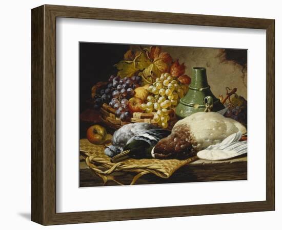 A Mallard and a Woodpigeon with a Basket of Apples and Grapes on a Wooden Ledge-Charles Thomas Bale-Framed Giclee Print