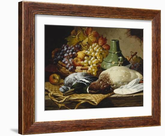 A Mallard and a Woodpigeon with a Basket of Apples and Grapes on a Wooden Ledge-Charles Thomas Bale-Framed Giclee Print